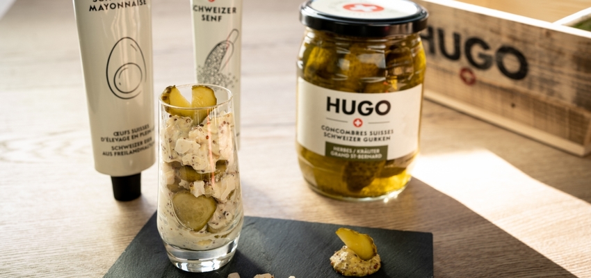 Verrine als Vorspeise auf der Basis von Mayonnaise, Schweizer HUGO-Senf ...
